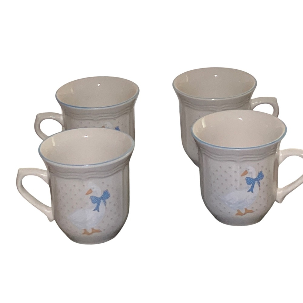 Brick Oven Stoneware 1980s Mug Set 4 White Country Goose Vintage 
Farmhouse